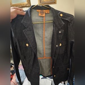 Tory Burch Black Denim Jacket with Gold Accents